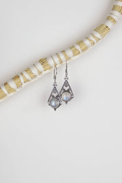 Rainbow Moonstone Cedar Triangle Earrings