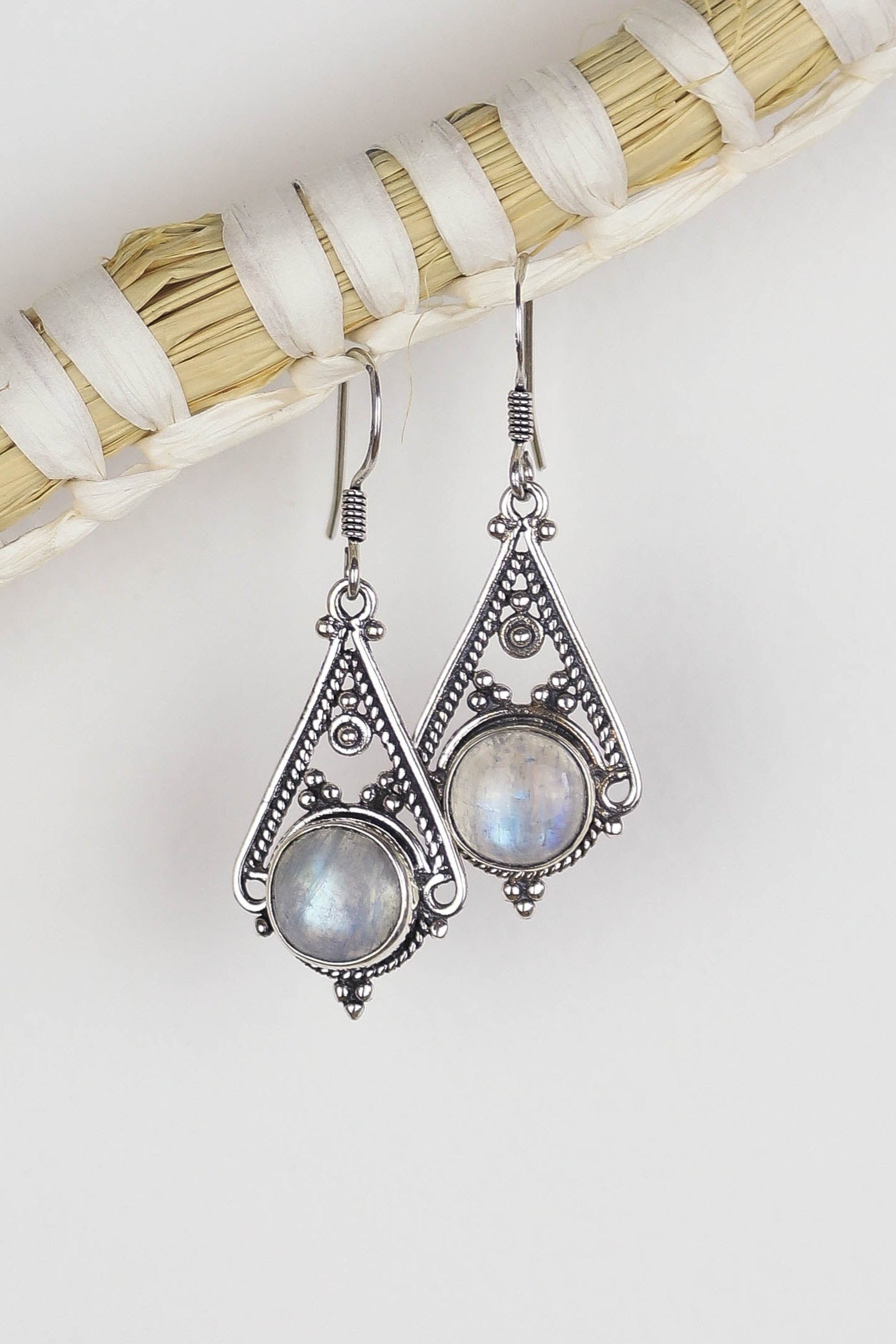 Rainbow Moonstone Cedar Triangle Earrings