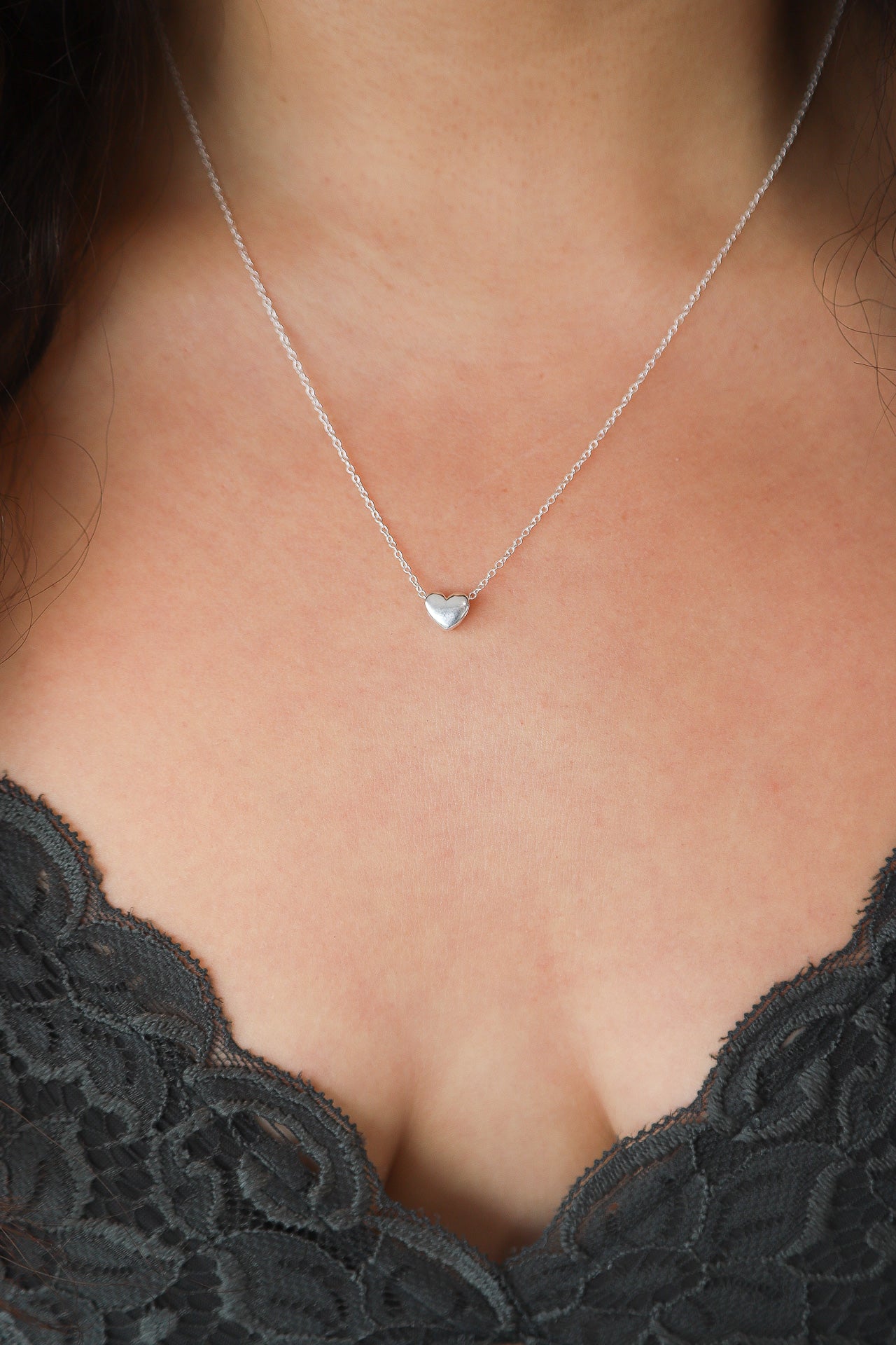 Small Silver Puff Heart Necklace