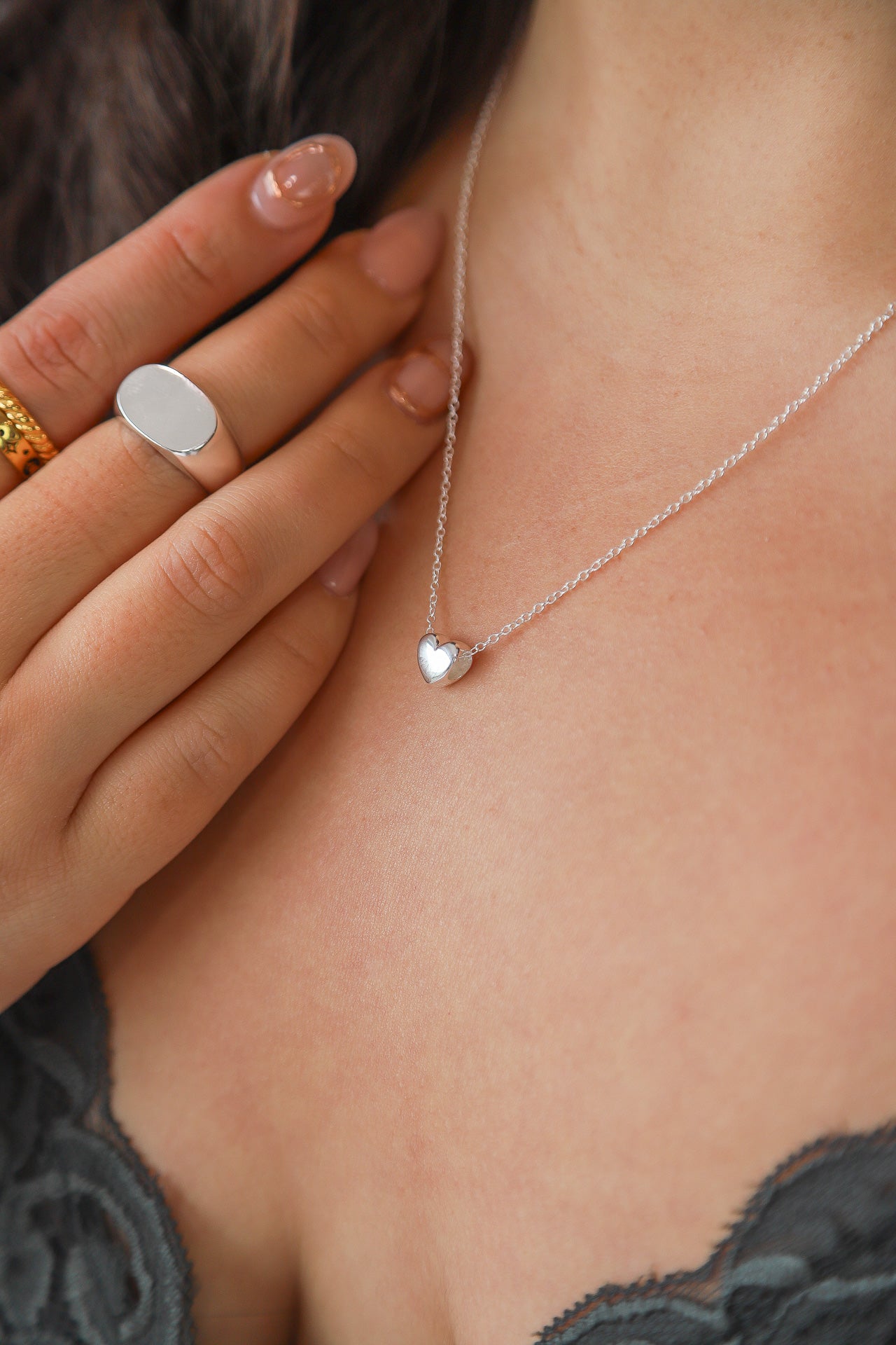 Small Silver Puff Heart Necklace