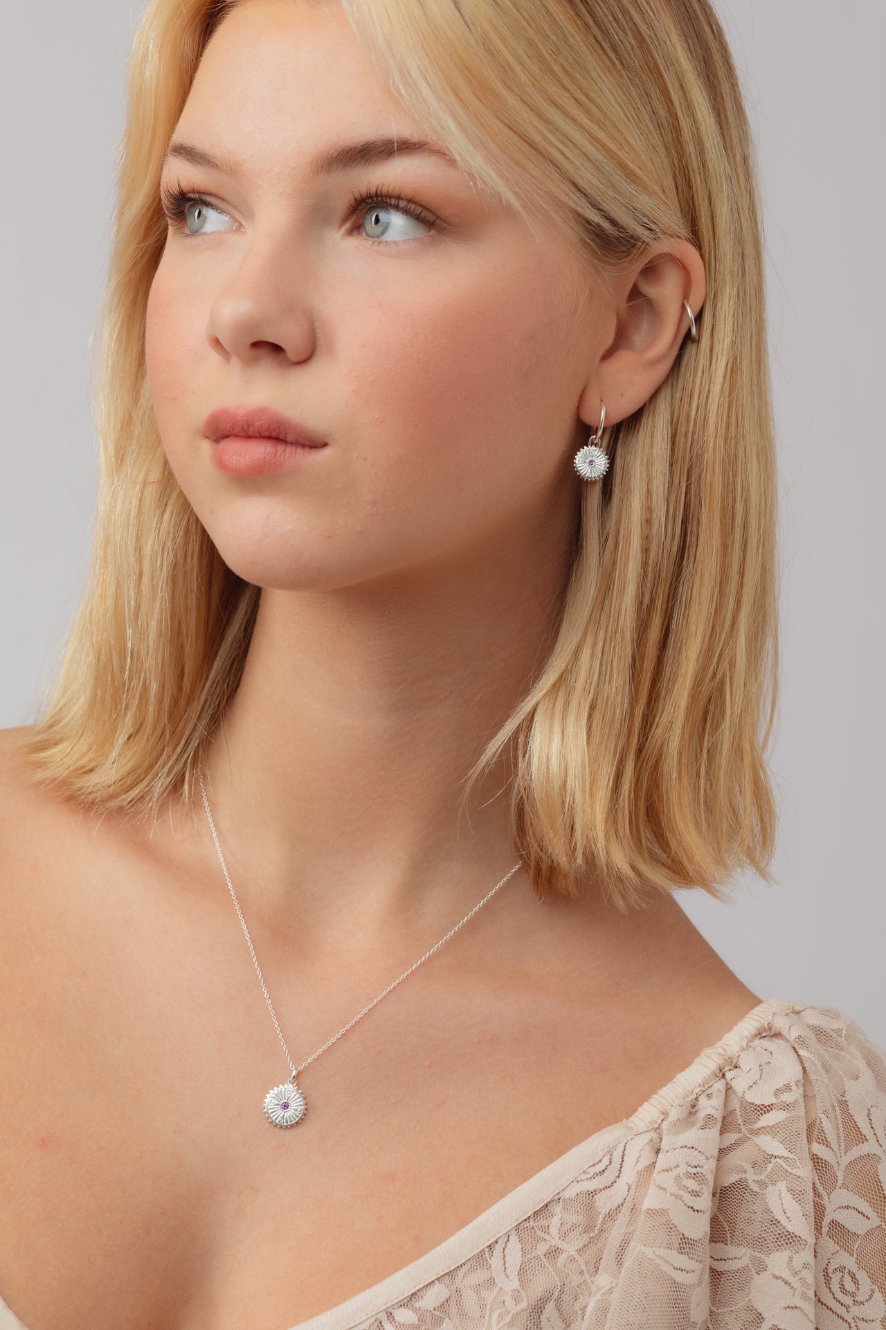 Elaria Amethyst Silver Charm Hoops