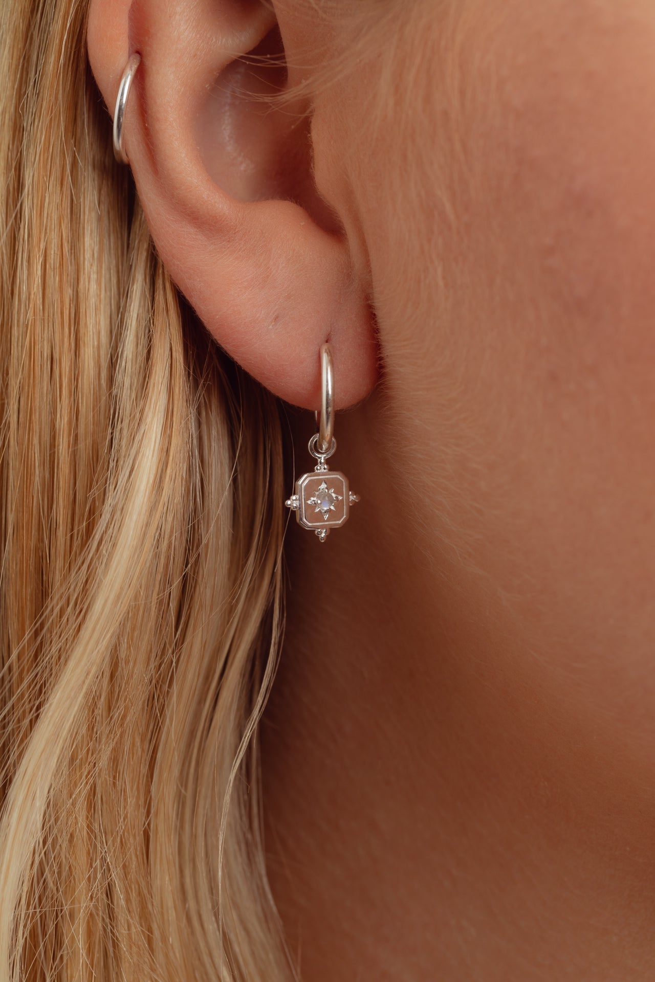 Noemi Silver Rainbow Moonstone Charm Hoops
