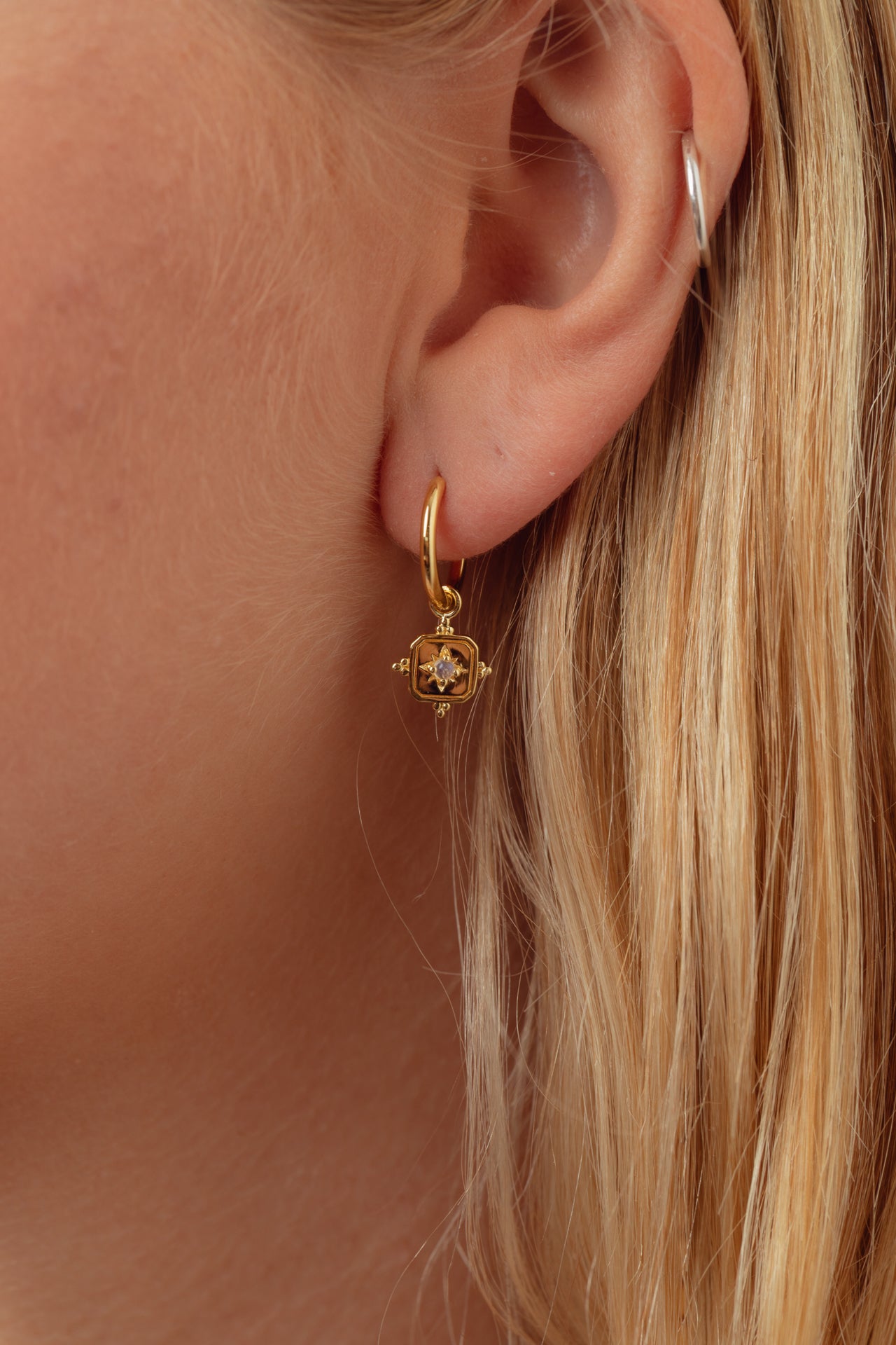 Noemi Gold Rainbow Moonstone Charm Hoops