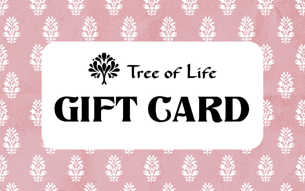 Gift card with 'Tree of Life' logo on a pink patterned background