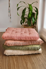 Coffee Square Fringed Floor Cushion