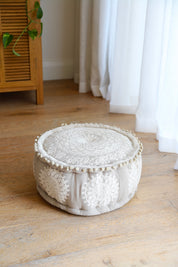 White Embroidered  Pouffe