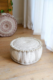 White Embroidered  Pouffe