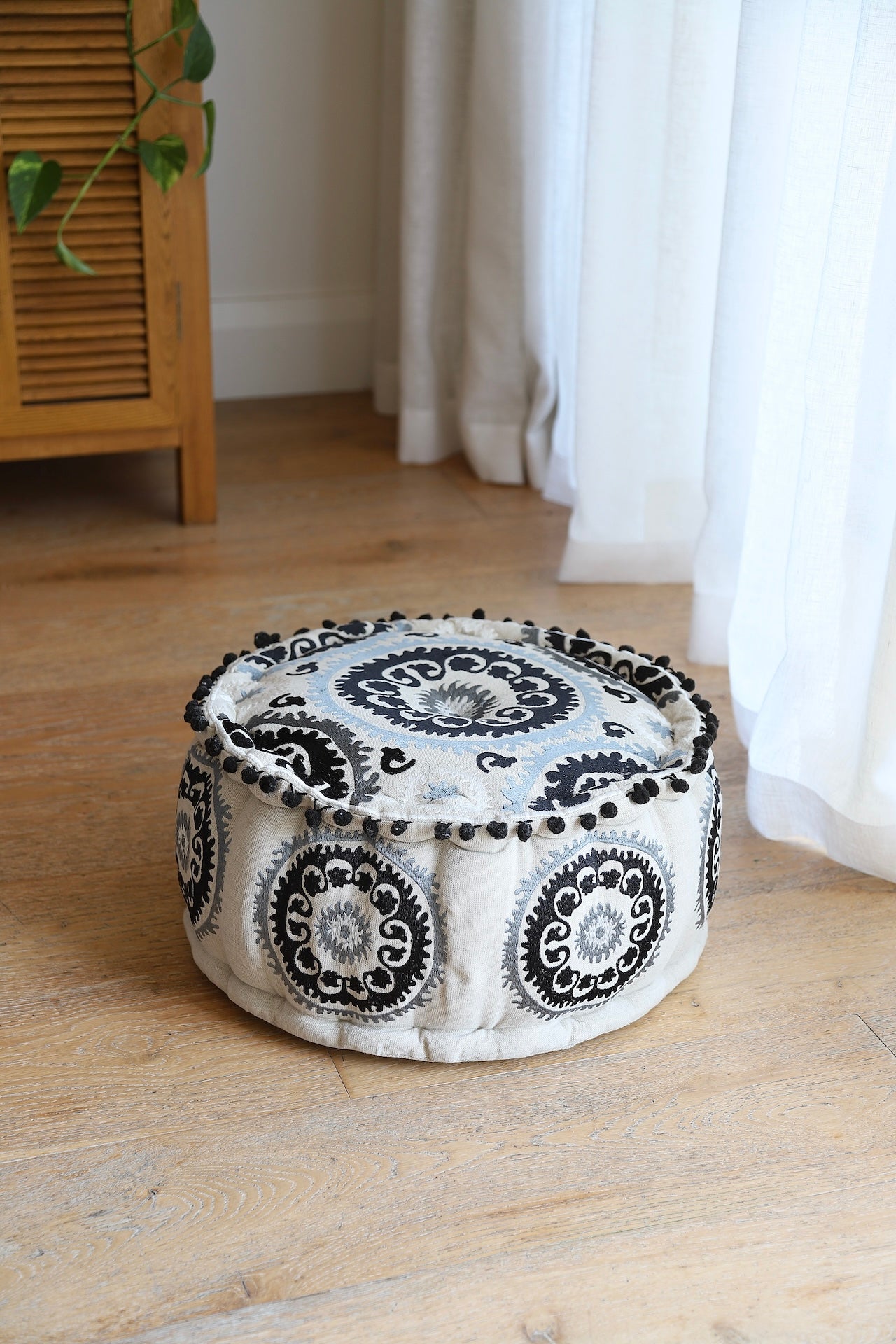 Black Embroidered Pouffe