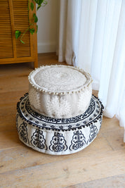 White Embroidered  Pouffe