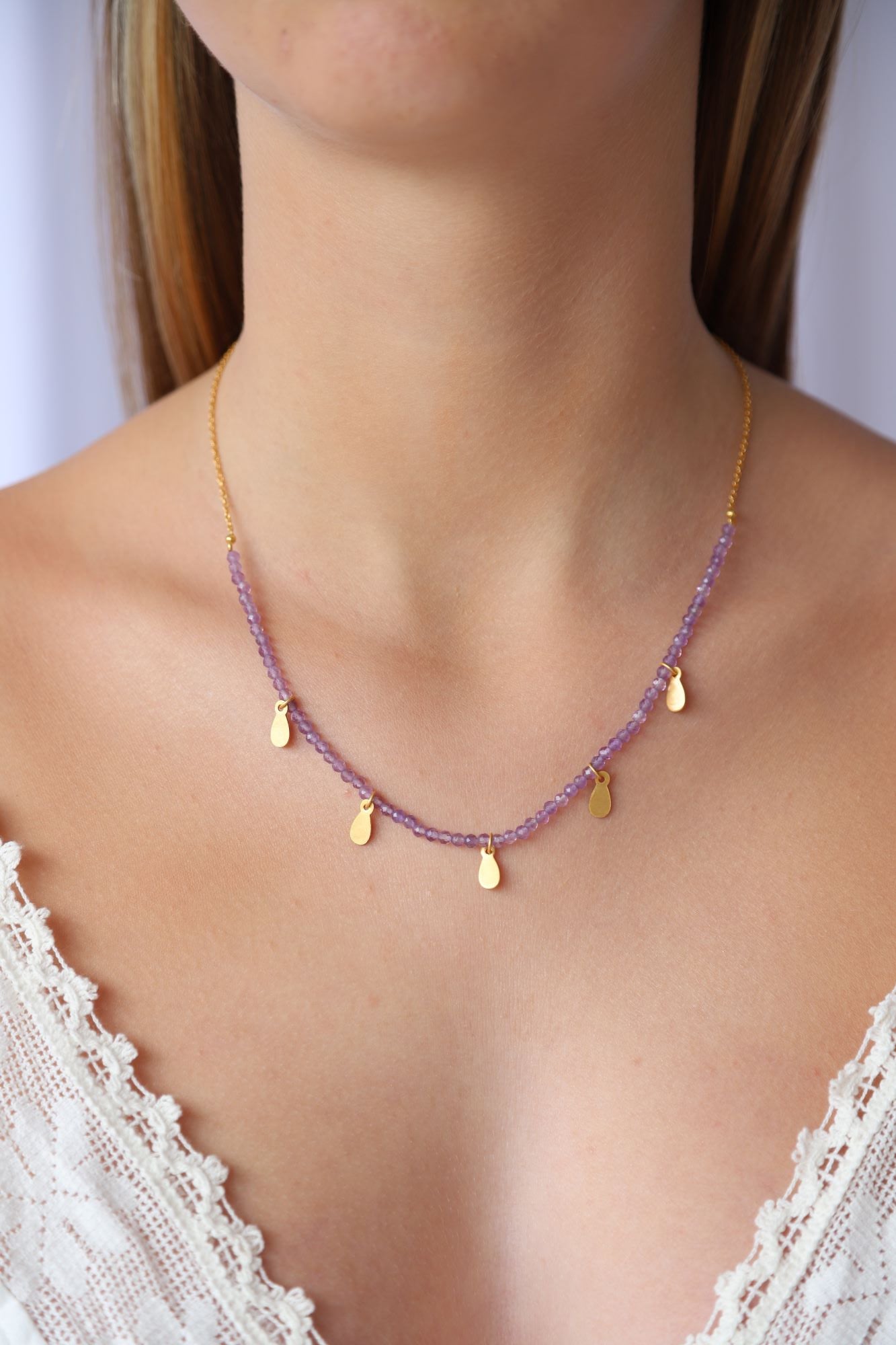 Amethyst Necklace with Gold Charms