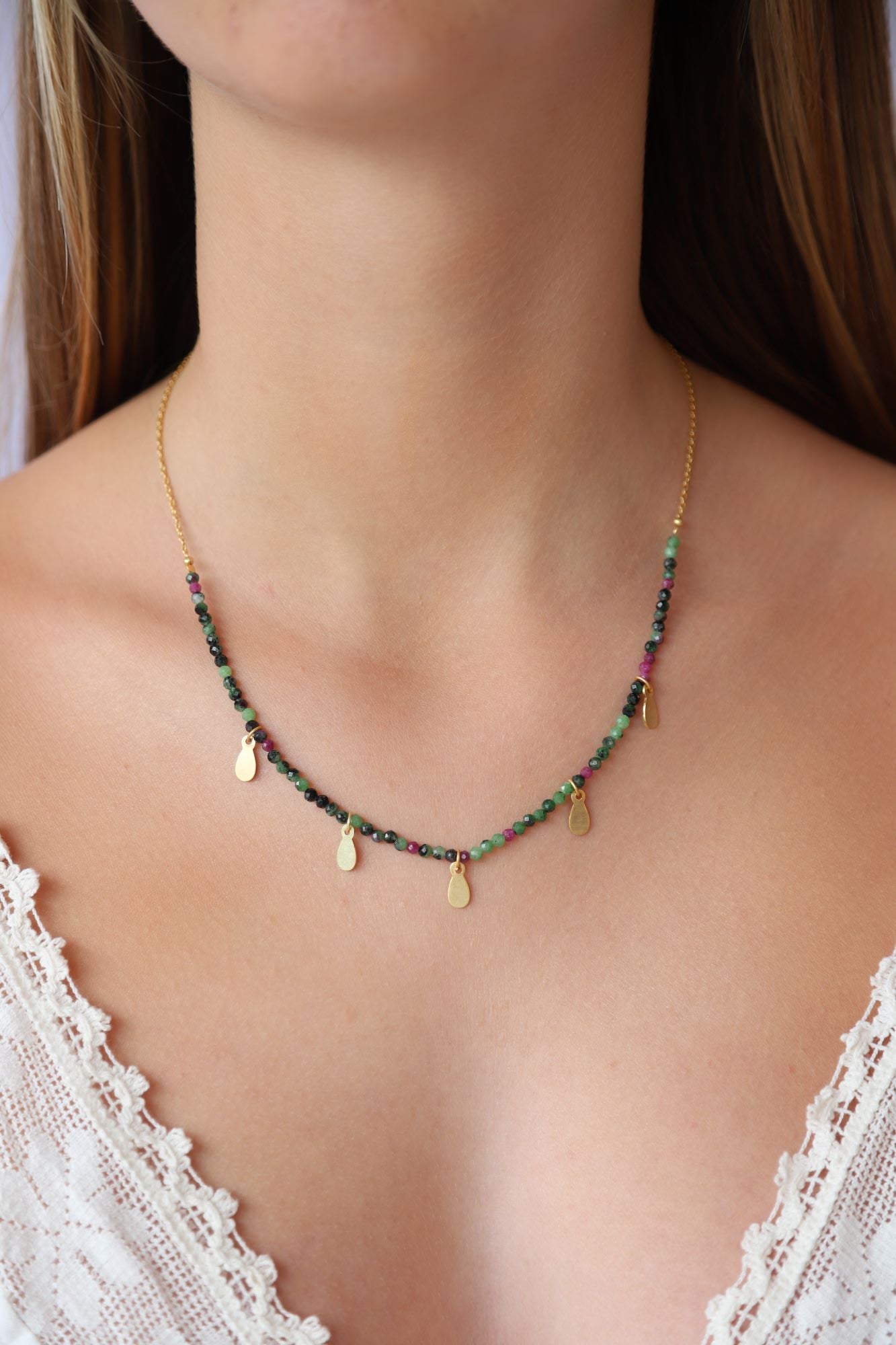 Ruby Zoisite Necklace with Gold Charms