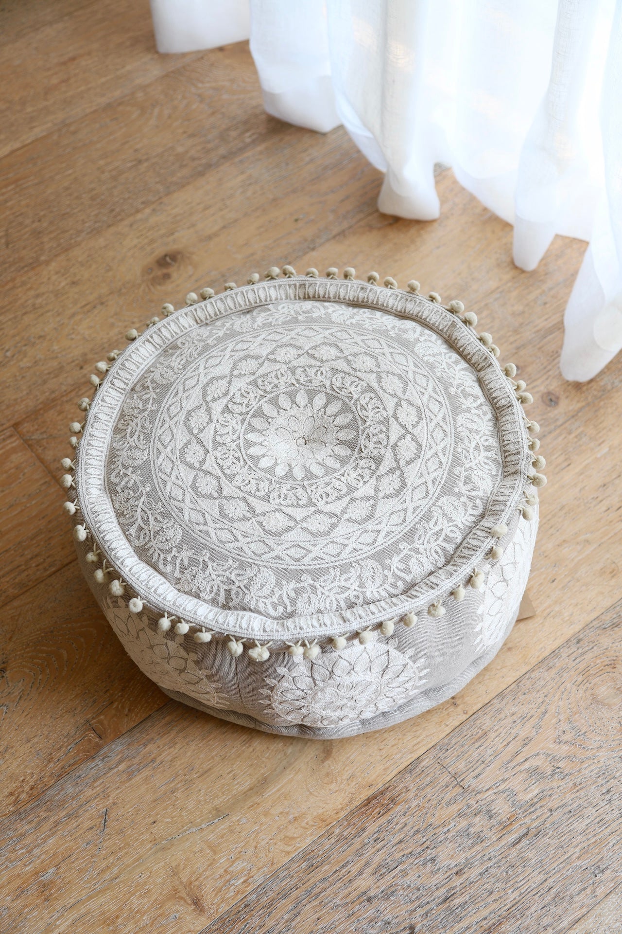 White Embroidered  Pouffe