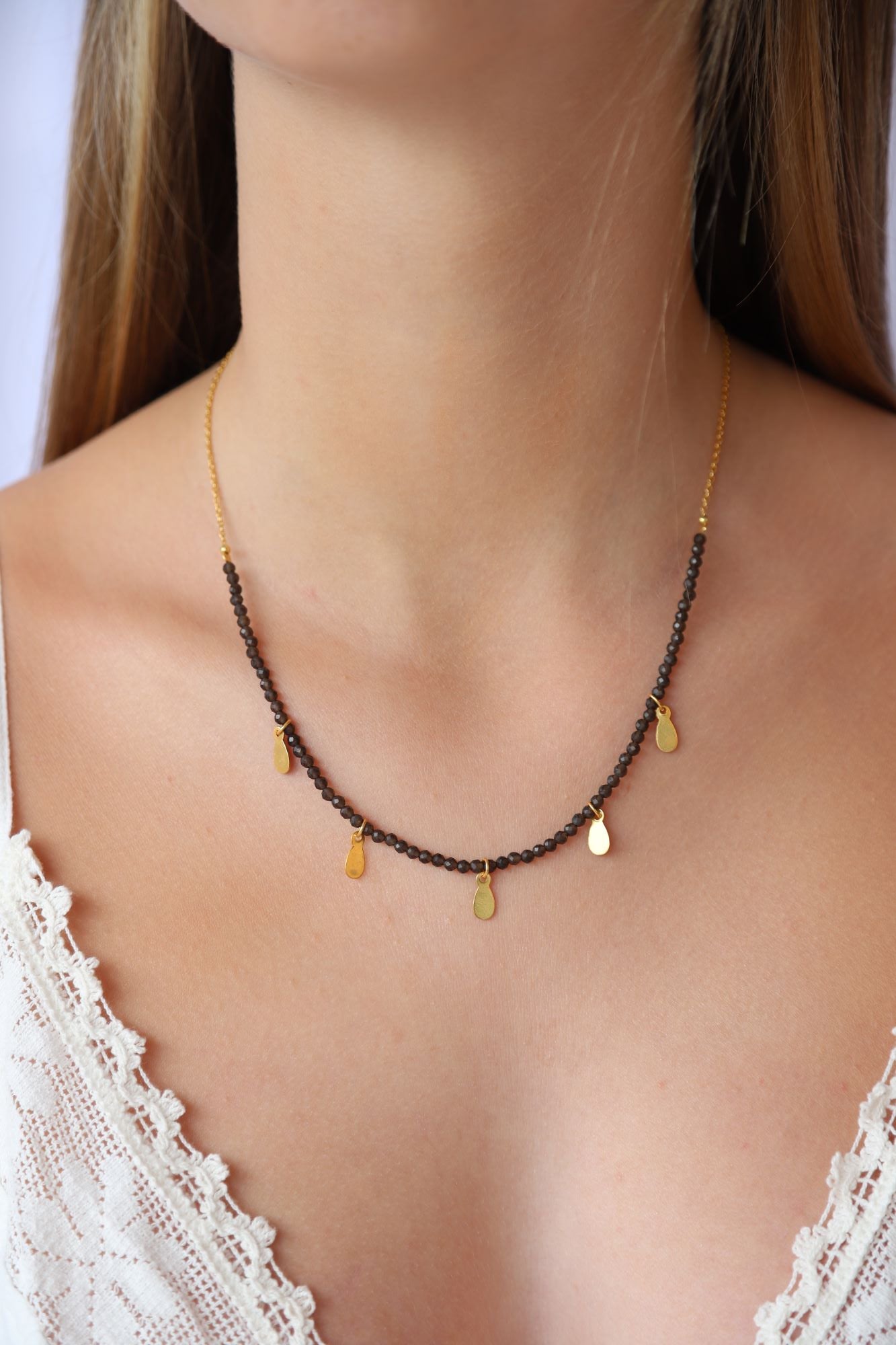 Smoky Quartz Necklace with Gold Charms