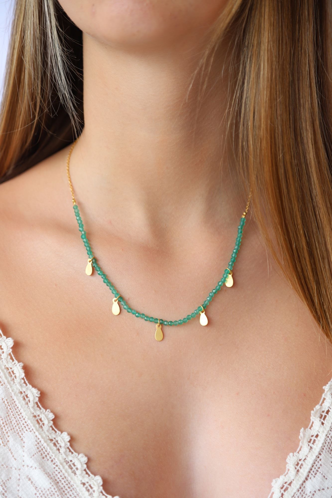 Green Onyx Necklace with Gold Charms