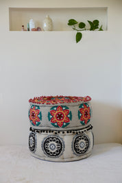 Red Embroidered Pouffe