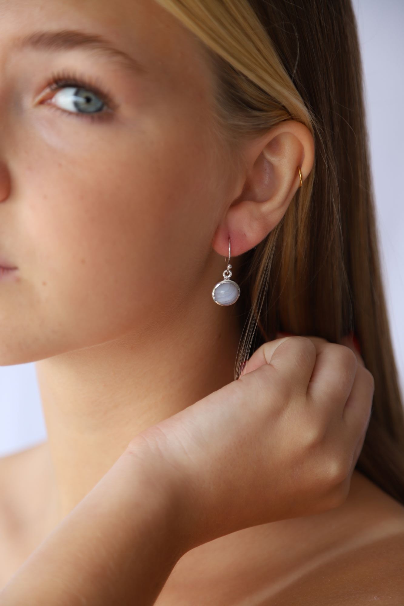 Round Blue Lace Agate Earrings