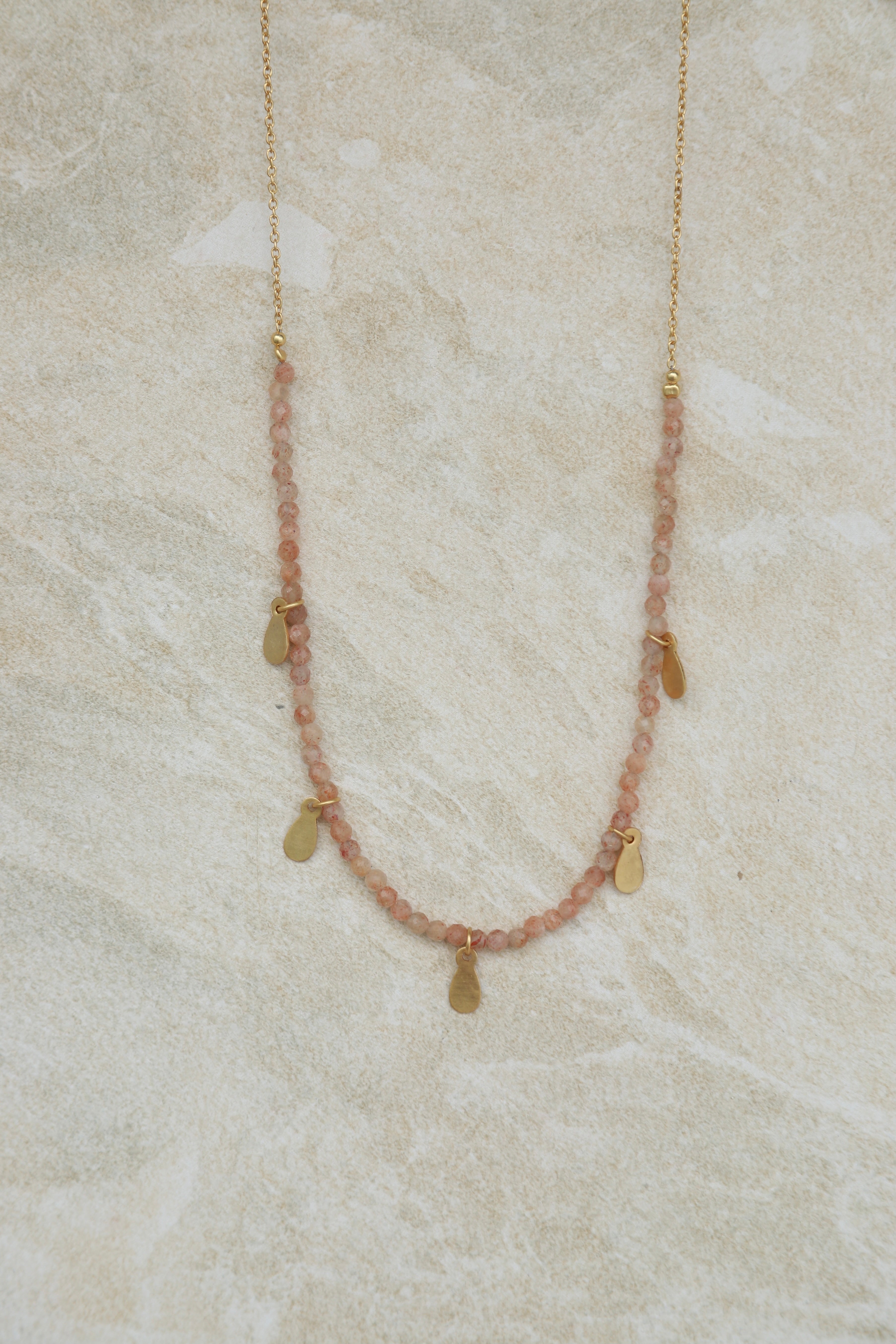 Sunstone Necklace with Gold Charms