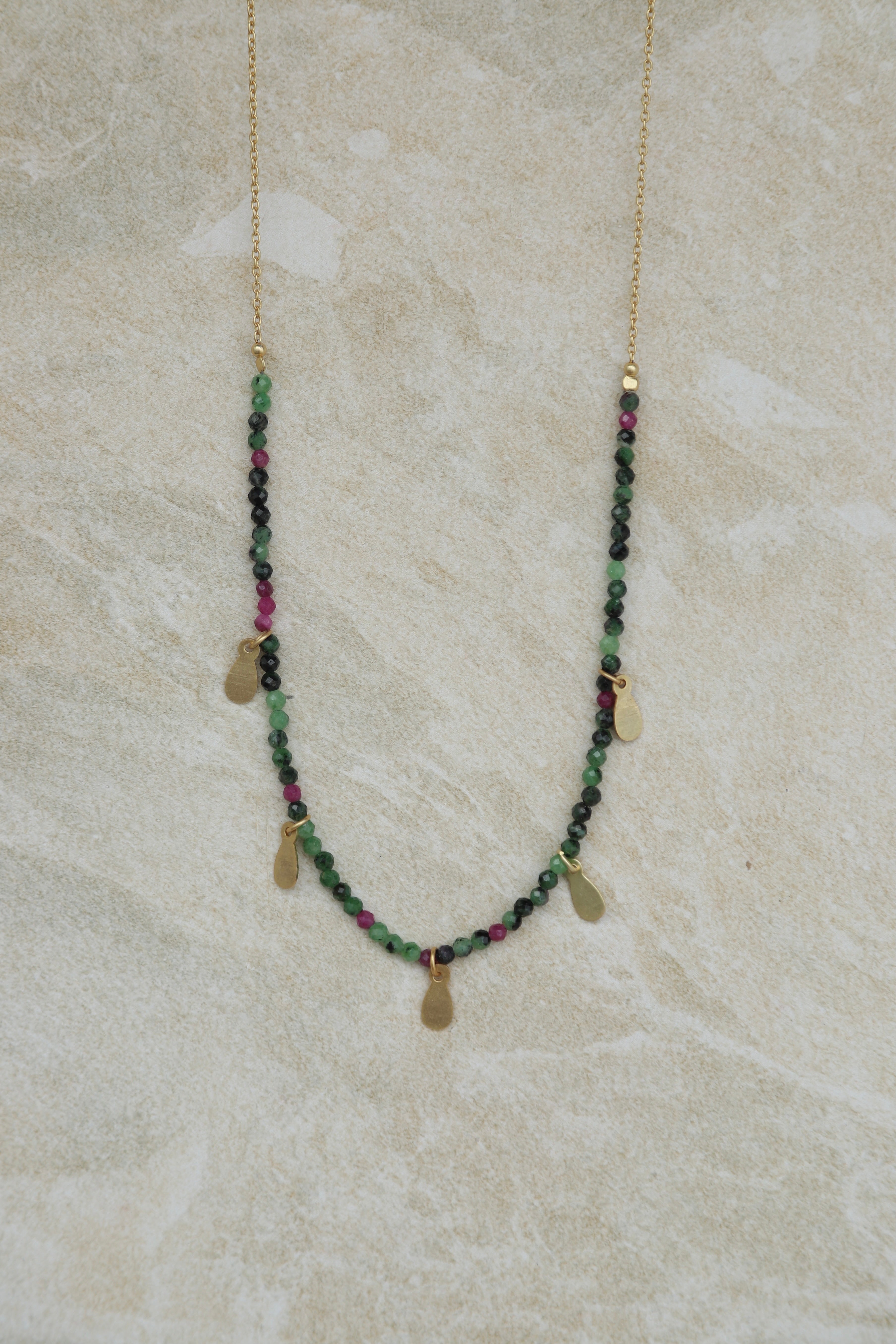 Ruby Zoisite Necklace with Gold Charms