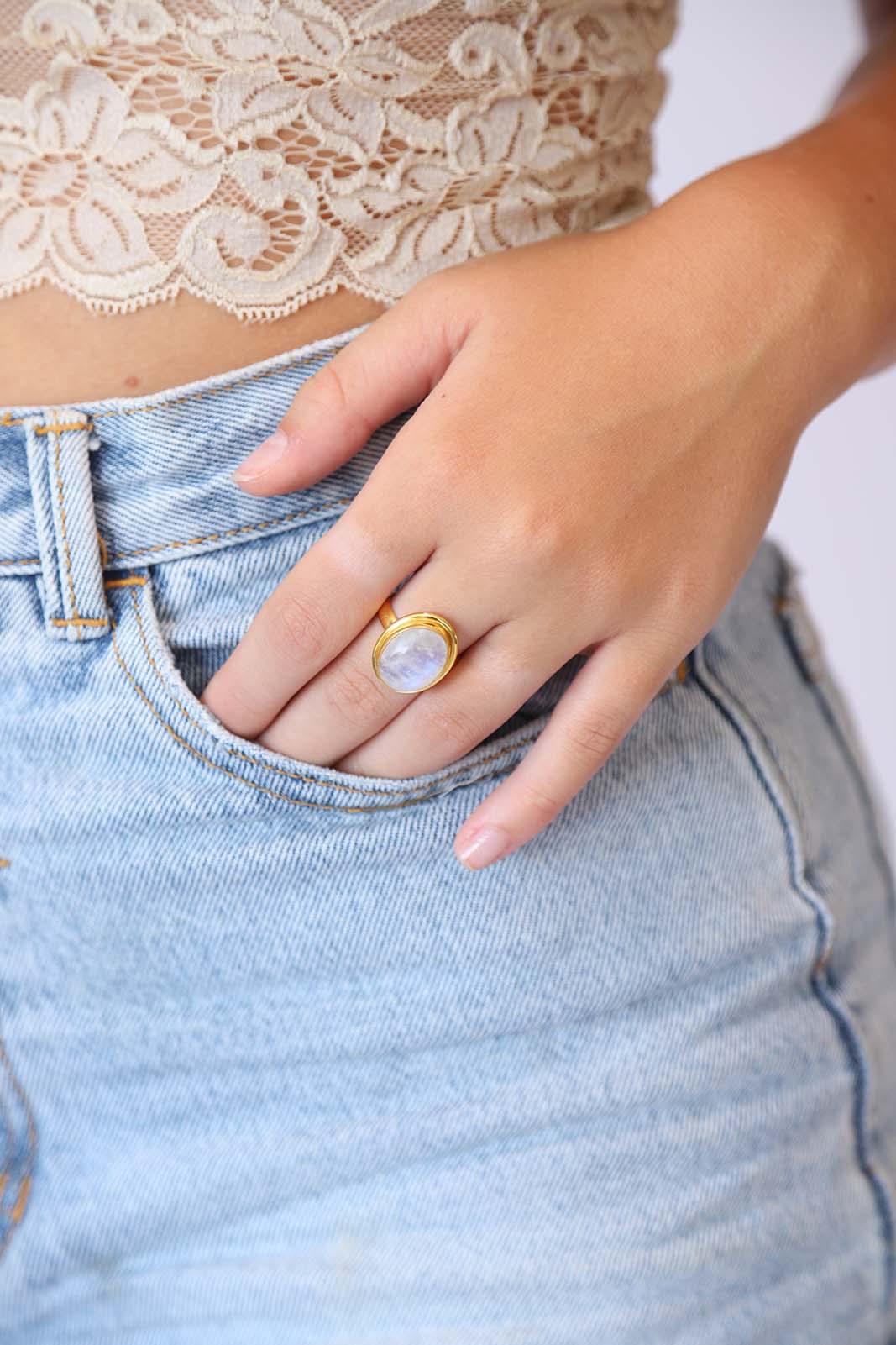 Gold Rainbow Moonstone Ruth Ring