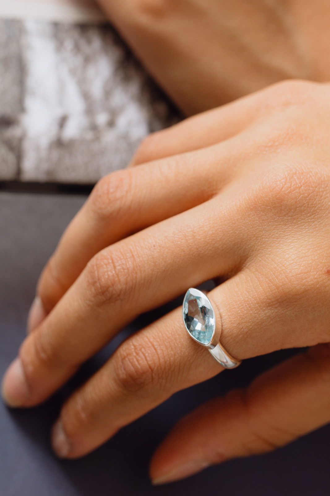 Blue topaz top and aquamarine ring