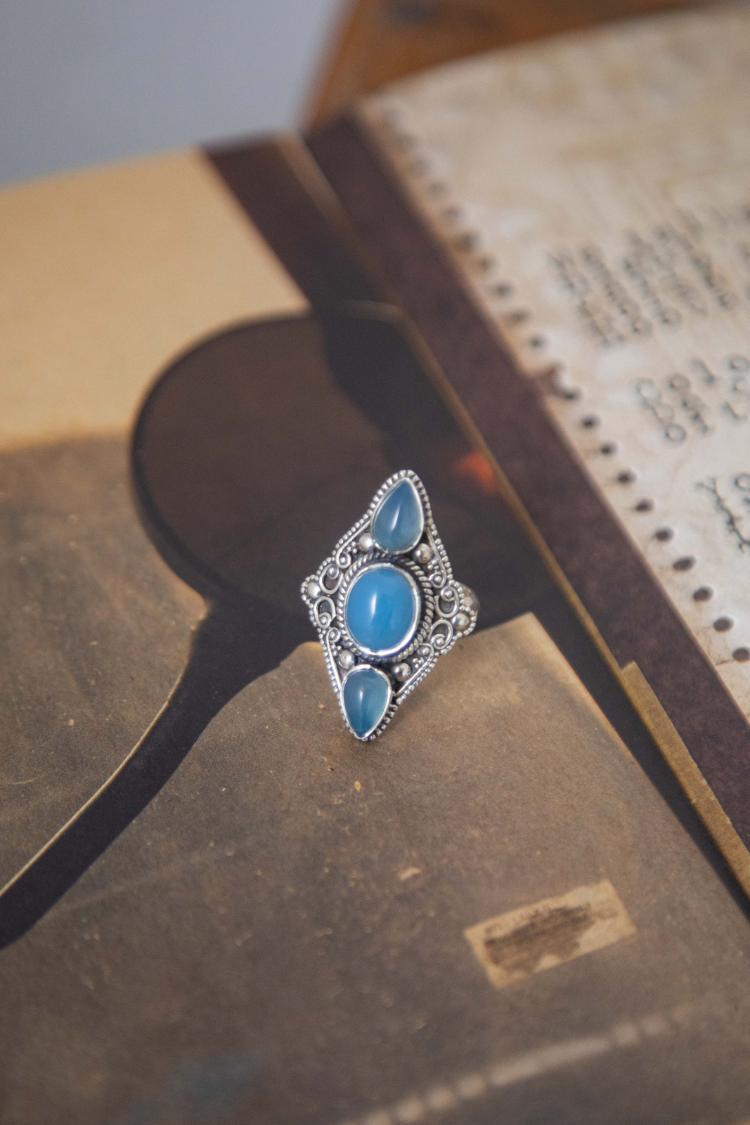 Blue Chalcedony Triple Stone Ring